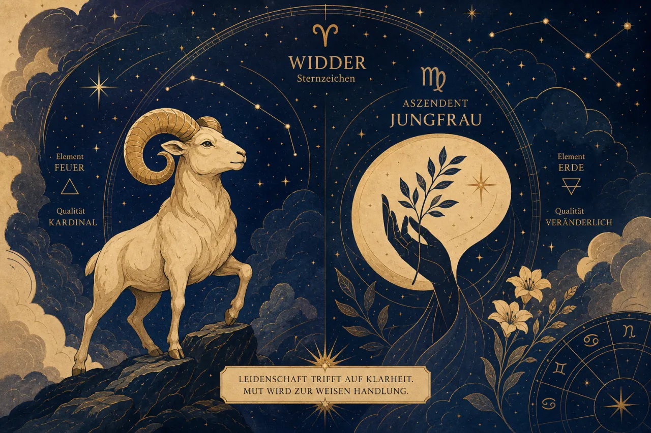 Astrologische Illustration: Widder-Sternzeichen mit geschwungenem Horn auf Felsen, daneben Jungfrau-Aszendent mit Pflanze im Mondkreis, umgeben von Sternen und Elementen auf dunkelblauem Hintergrund.