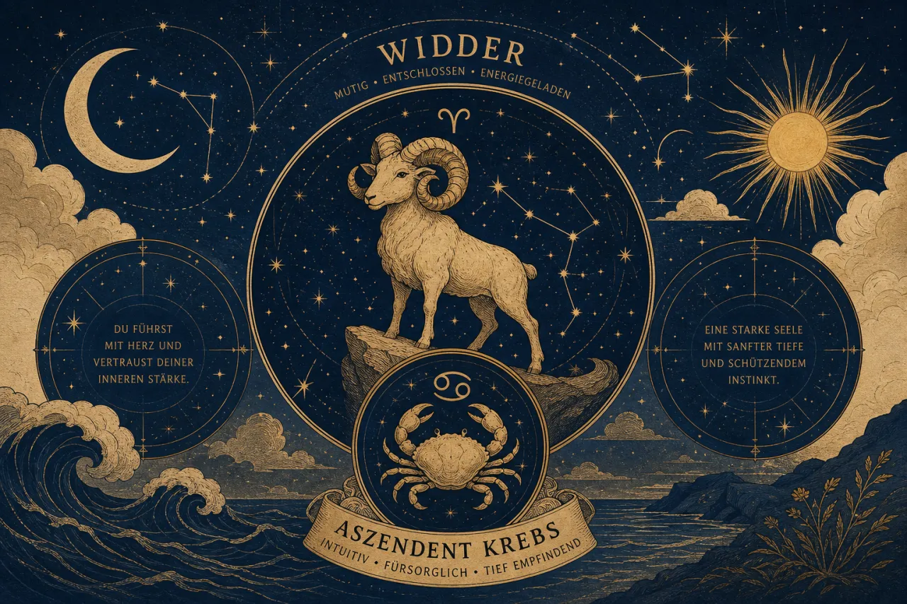 Astrologische Illustration: Widder-Symbol mit gehörntem Bock auf Felsen, Krebs-Symbol unten, umgeben von Mond, Sonne und Sternen auf dunkelblauem Hintergrund mit deutschen Charakterbeschreibungen.