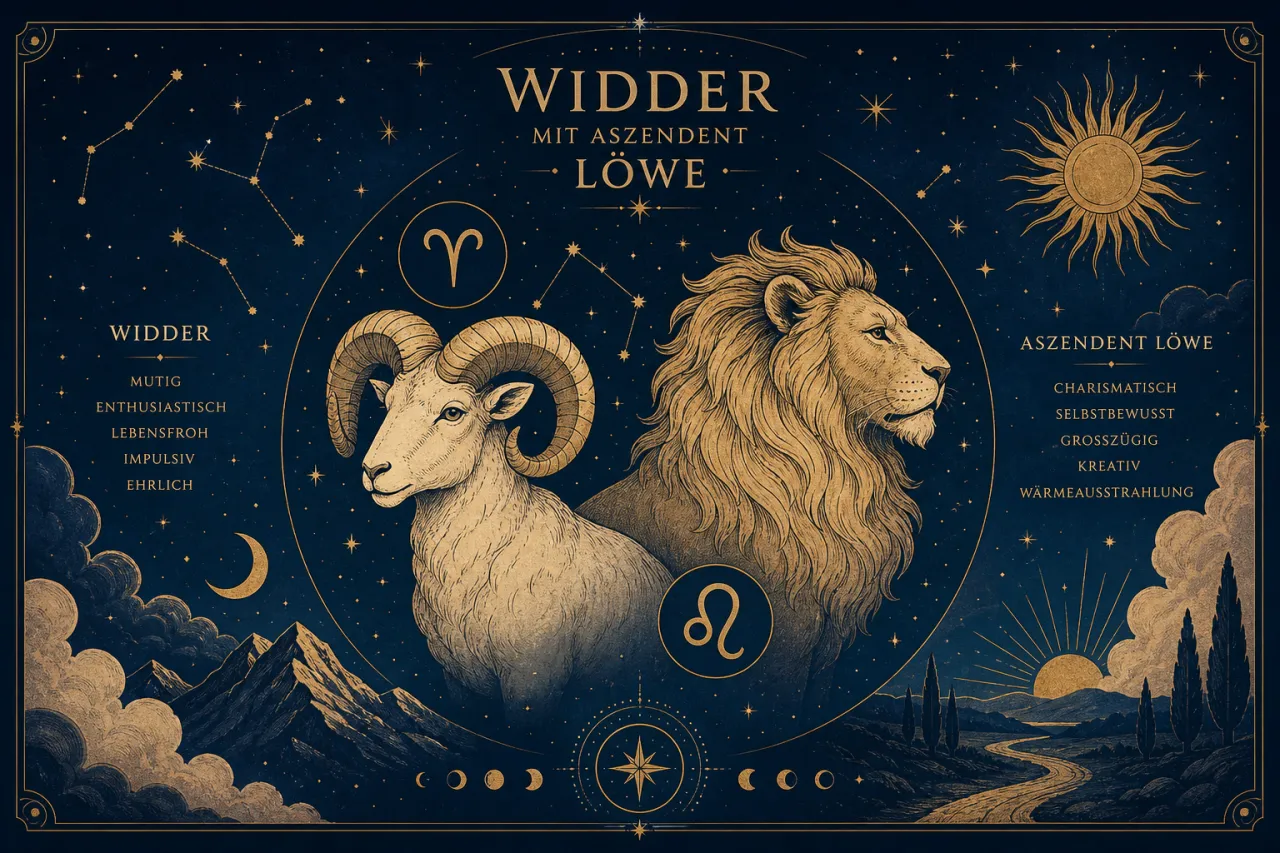Astrologische Illustration: Widder und Löwe mit Sternzeichen-Symbolen auf nächtlichem Sternenhimmel mit Sonne, Mond und Landschaft.