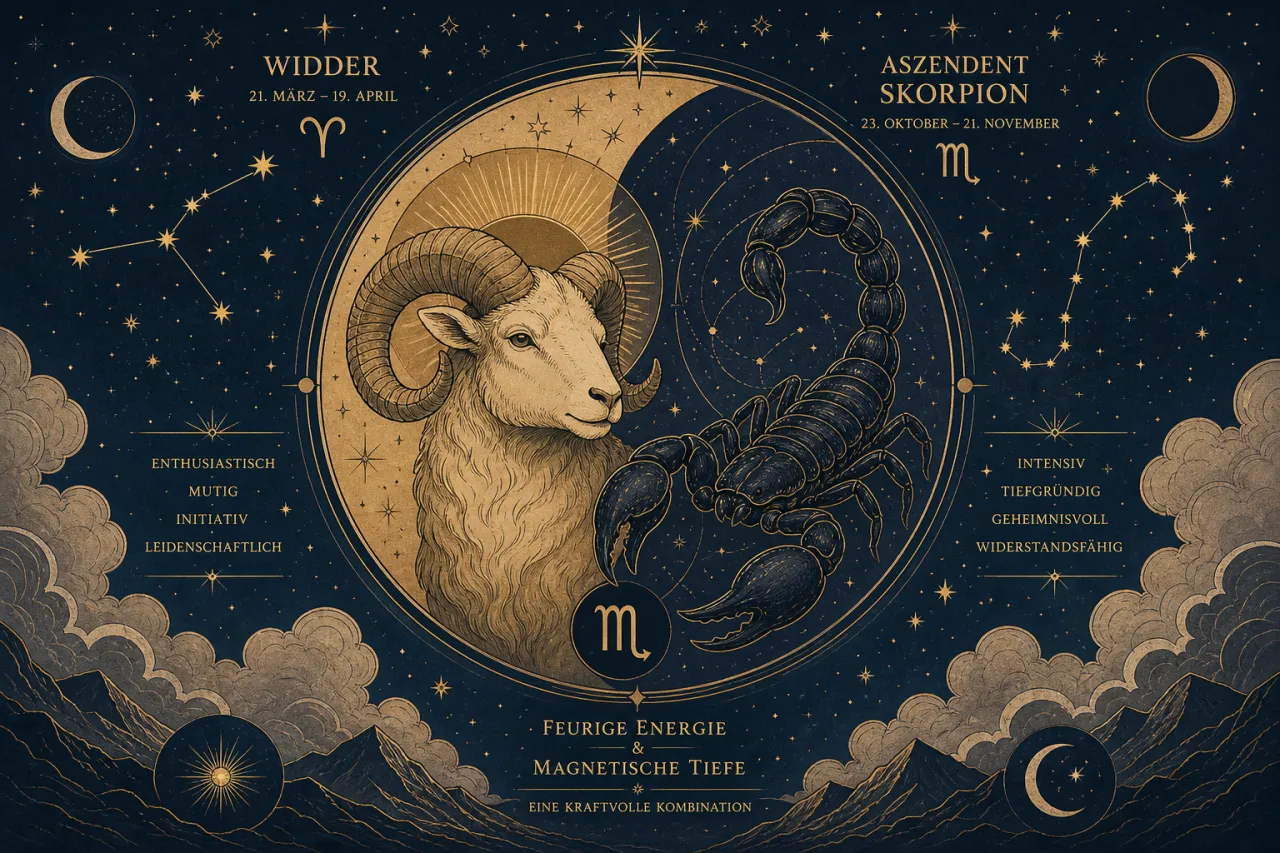 Astrologische Illustration: Widder und Skorpion in goldener und dunkler Färbung mit Sternzeichen-Symbolen, umgeben von Sternen, Monden und Wolken auf dunkelblauem Hintergrund.