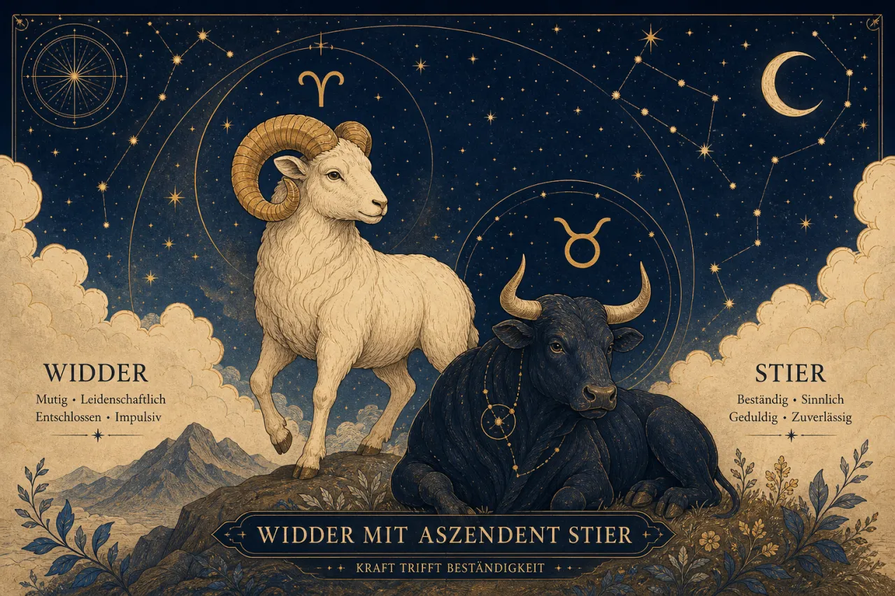 Illustration: Weißer Widder mit gekrümmten Hörnern und schwarzer Stier mit Hörnern stehen sich auf felsigem Untergrund gegenüber, umgeben von Sternen, Sternbildern und goldenen Symbolen auf nächtlichem Himmel.