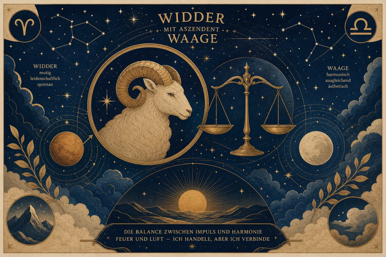 Astrologische Illustration mit Widder und Waage Symbolen, Sternzeichen, Waage, Sonne und Mond auf dunkelblauem Hintergrund mit Goldverzierungen