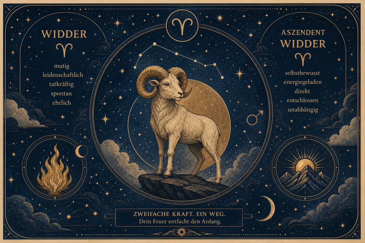 Astrologische Illustration: Widder mit geschwungenen Hörnern auf Felsen, umgeben von Sternbild und Symbolen für Feuer, Mond und Berg auf dunkelbauem Hintergrund mit Goldverzierung.
