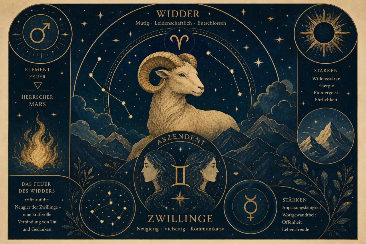 Astrologische Illustration mit Widder-Symbol und Zwillinge-Aszendent: Widder mit geschwungenen Hörnern unter Sternen, umgeben von Sternzeichen-Symbolen, Elementen und charakterlichen Merkmalen in Gold auf dunklem Untergrund.