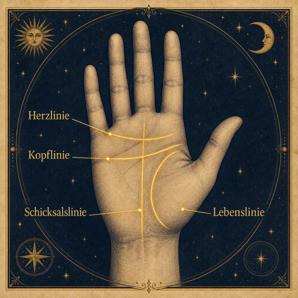 Beschriftete Handfläche: Herzlinie, Kopflinie, Lebenslinie und Schicksalslinie